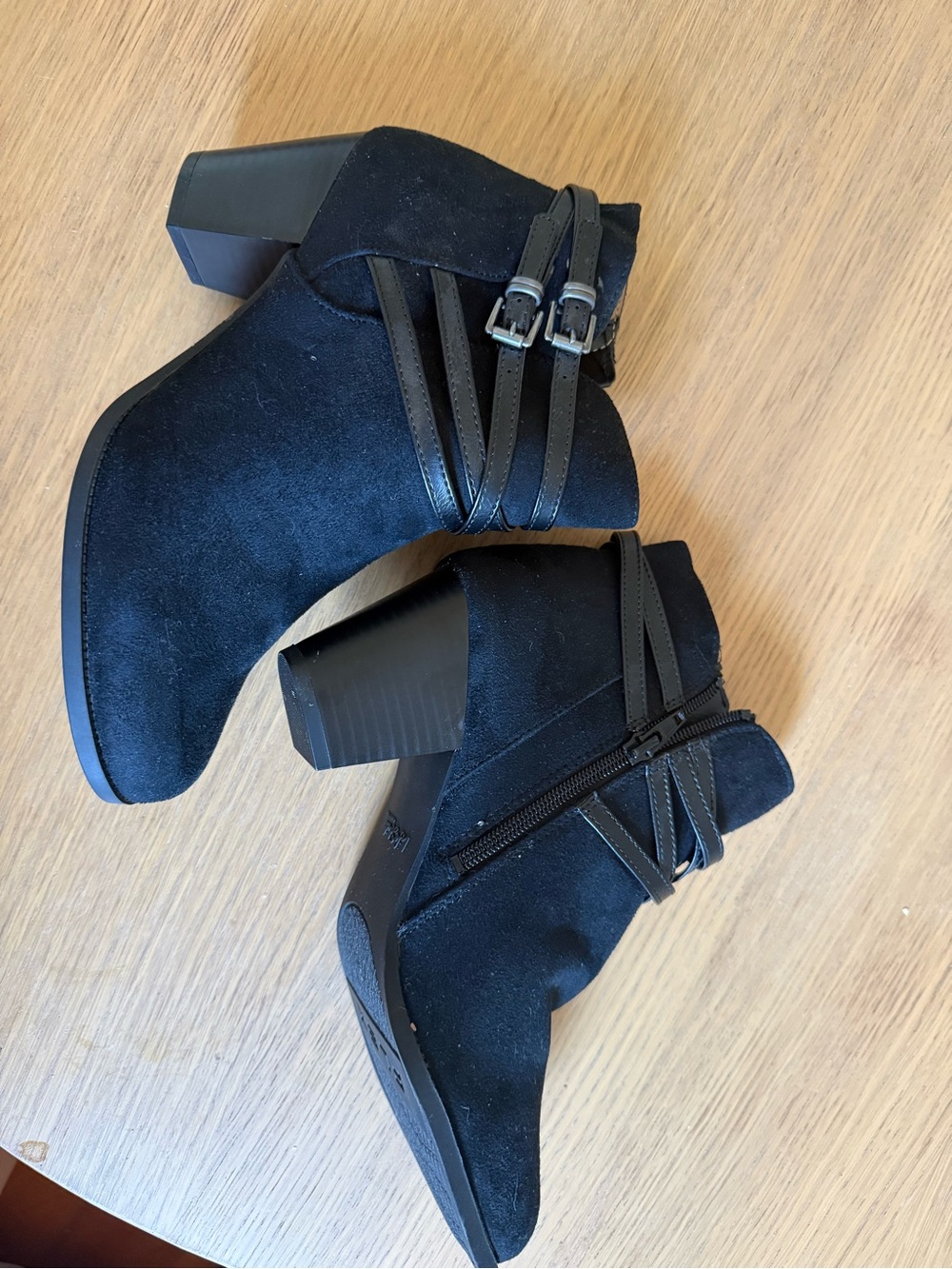 Life Stride Black Suede-Look Ankle Booties with Double Buckle Straps